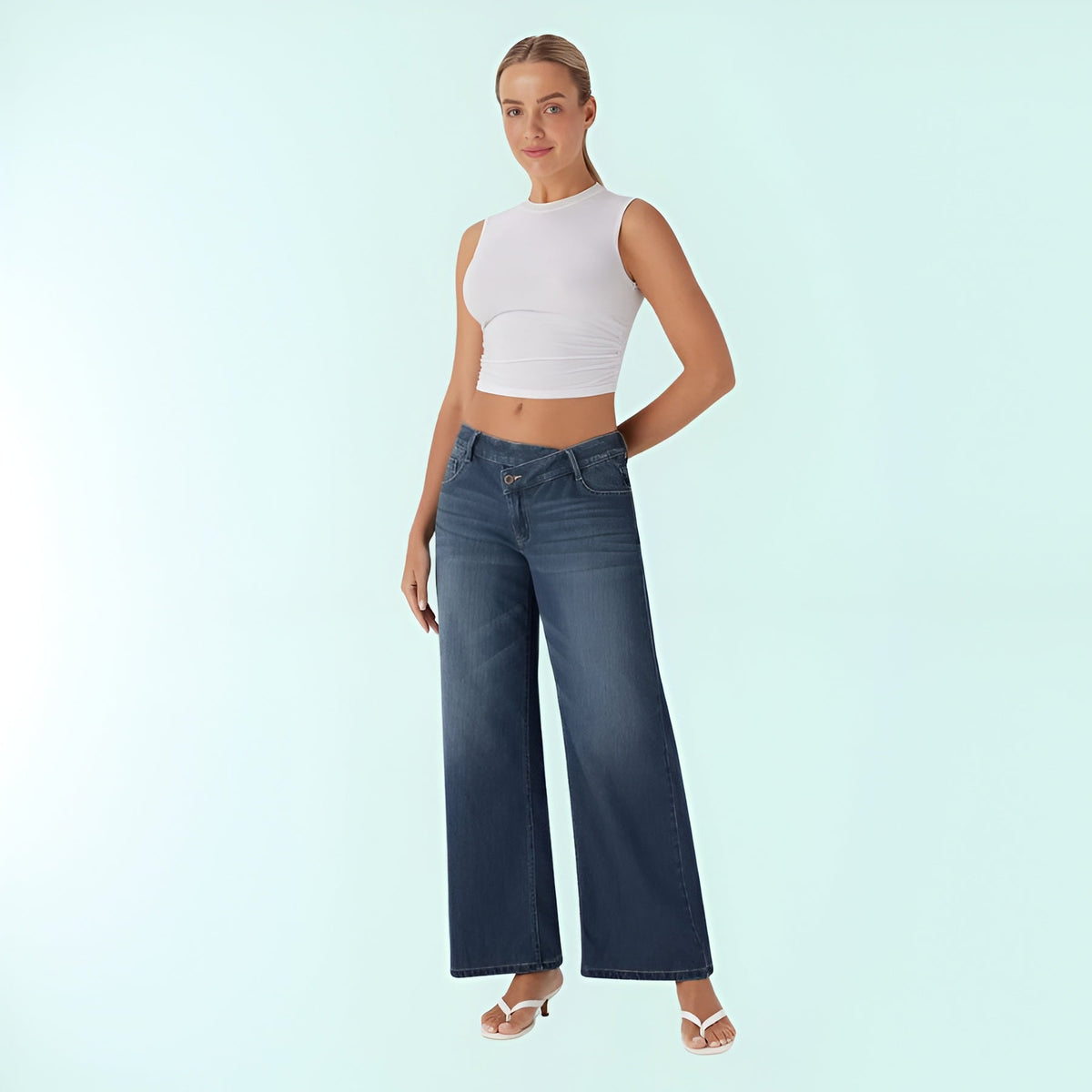 Blugi elastici asimetrici cu talie joasă FlexFit Secret pentru femei | Fioriscas