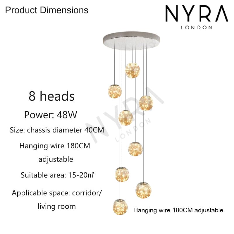 Glass Orb Staircase Chandelier, Brushed Stainless Frame, Cascading LED Design