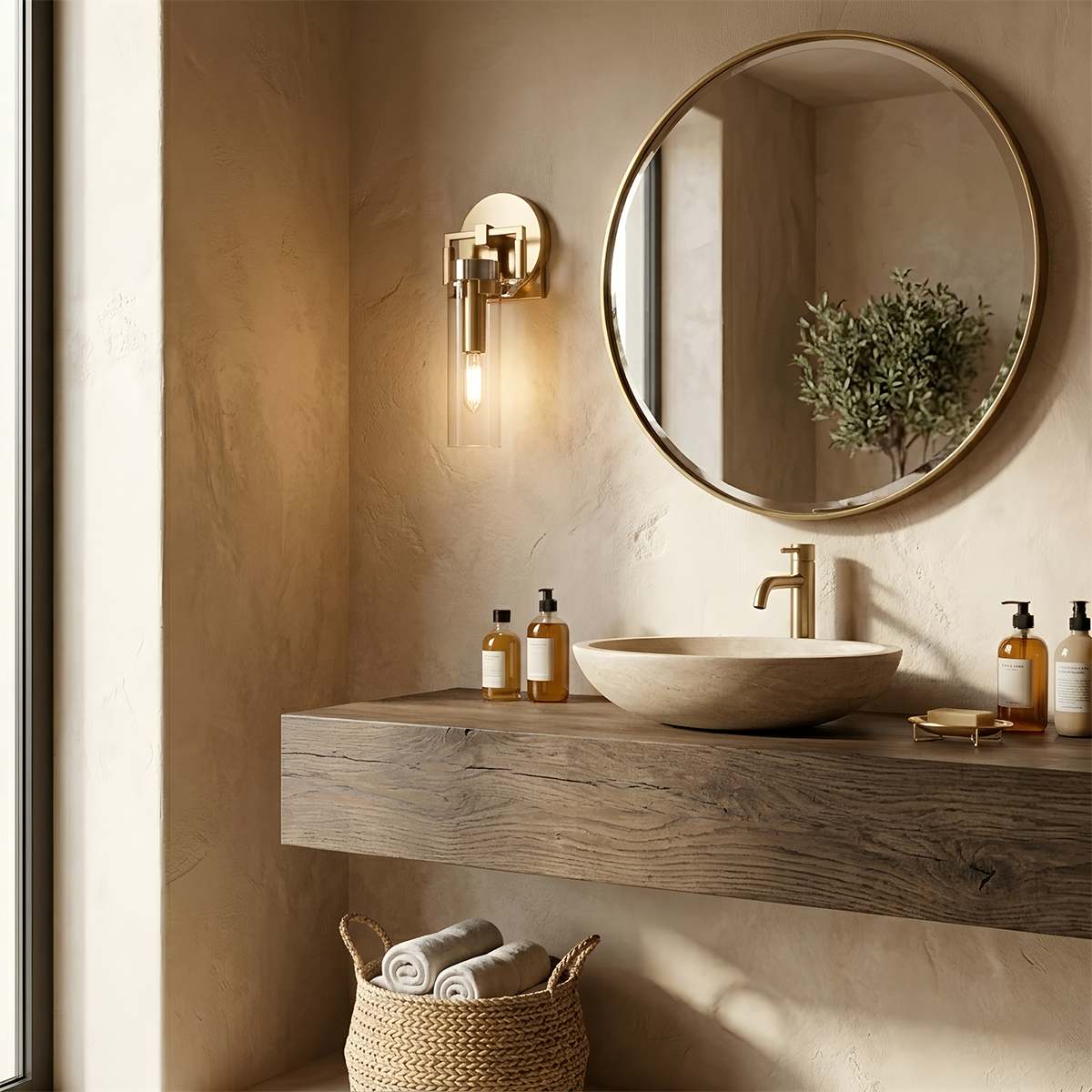 OrionGlass Cylindrical Wall Sconce With Wrought Iron Finish