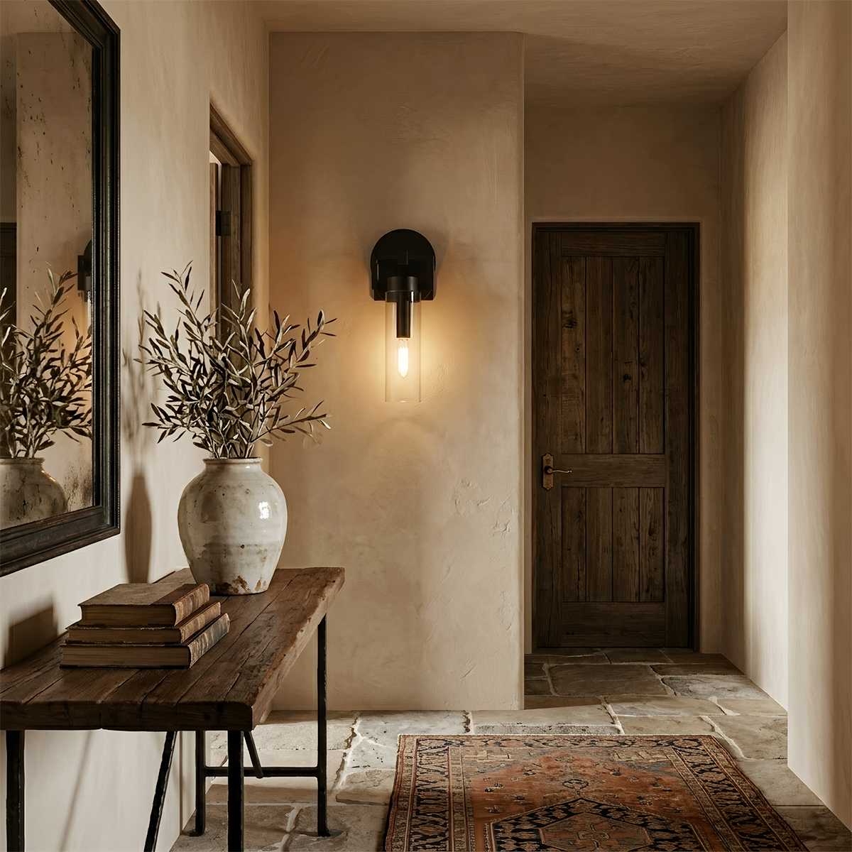 OrionGlass Cylindrical Wall Sconce With Wrought Iron Finish