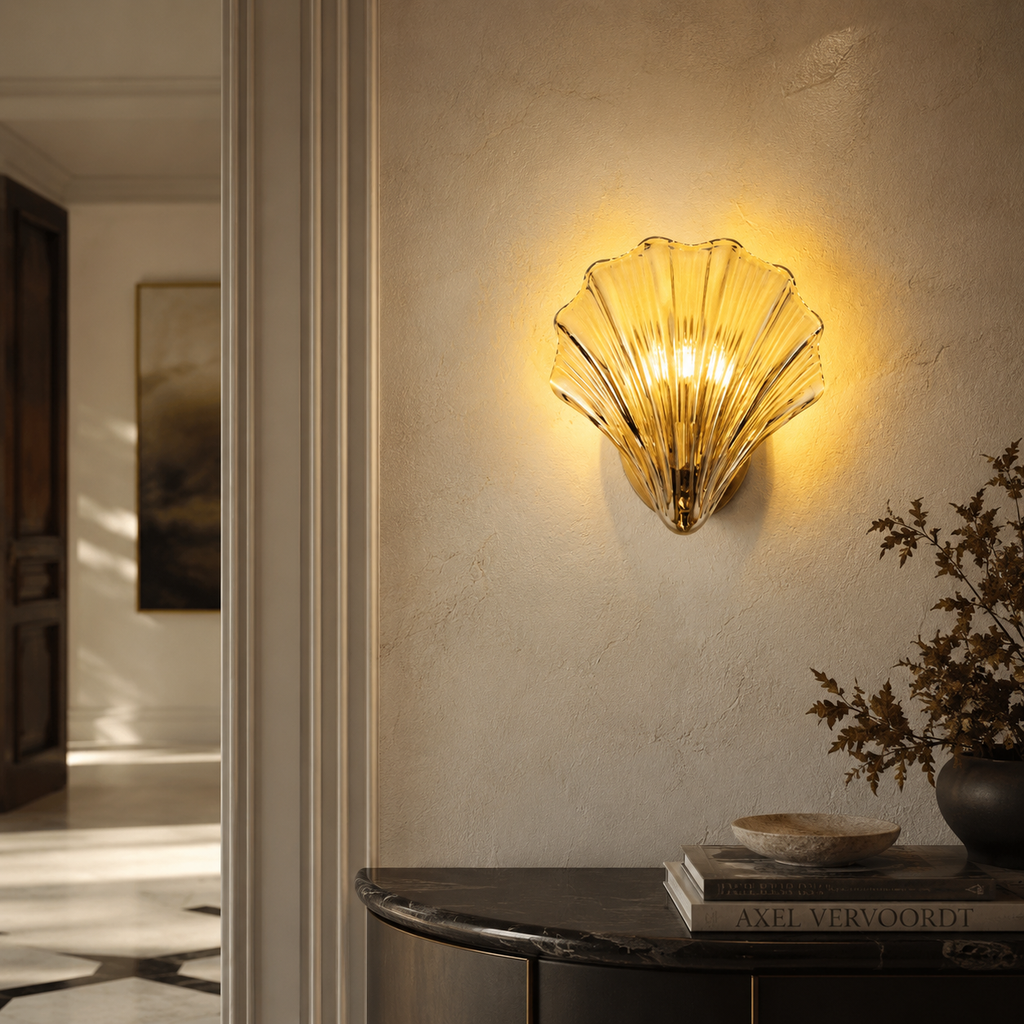 LumaSeas Copper Seashell Wall Light With Fluted Glass Shade