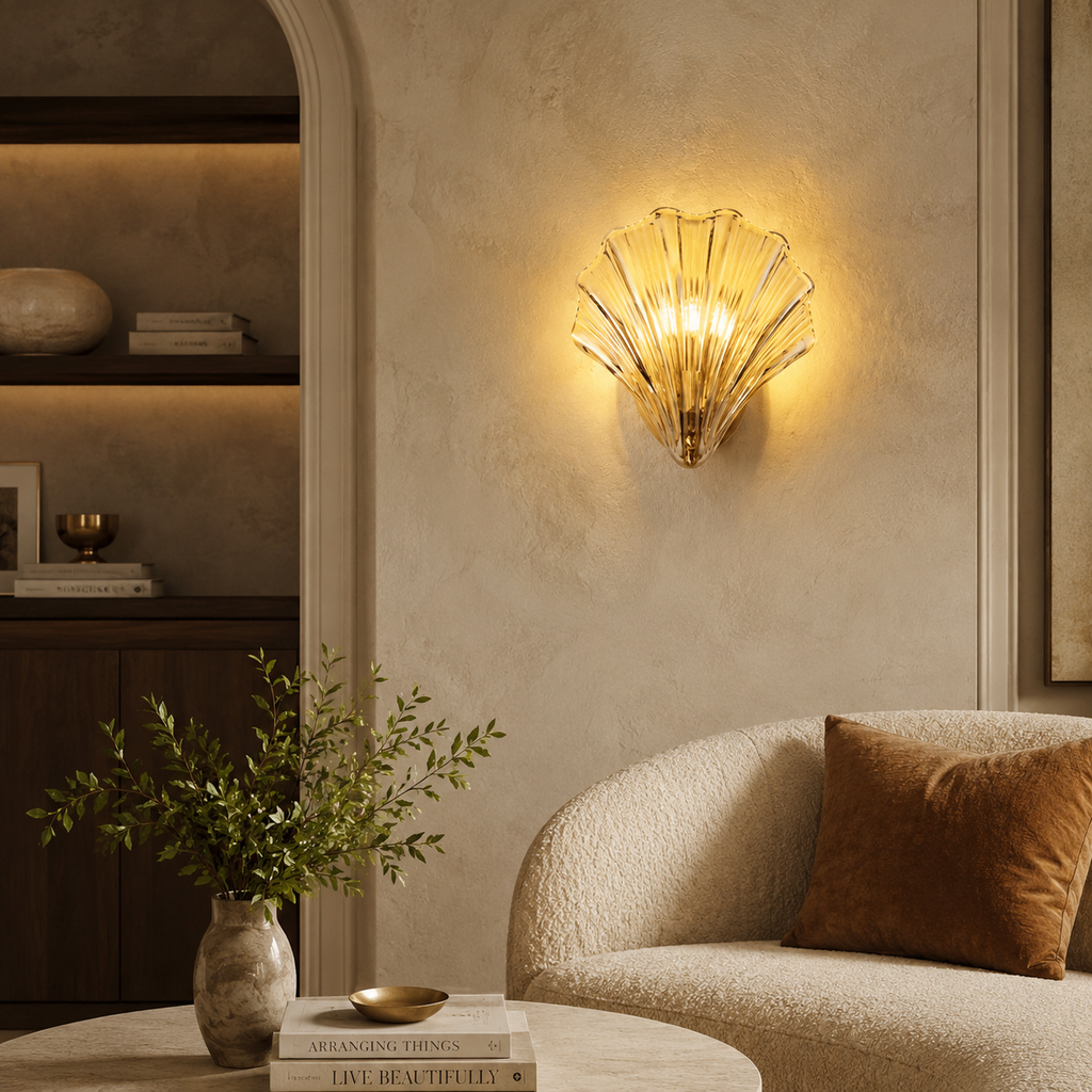LumaSeas Copper Seashell Wall Light With Fluted Glass Shade