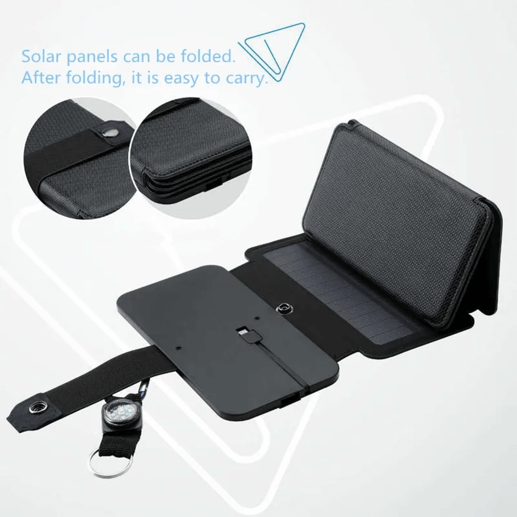 Sammenfoldelig solcelleoplader til telefoner og små enheder, USB-udgang