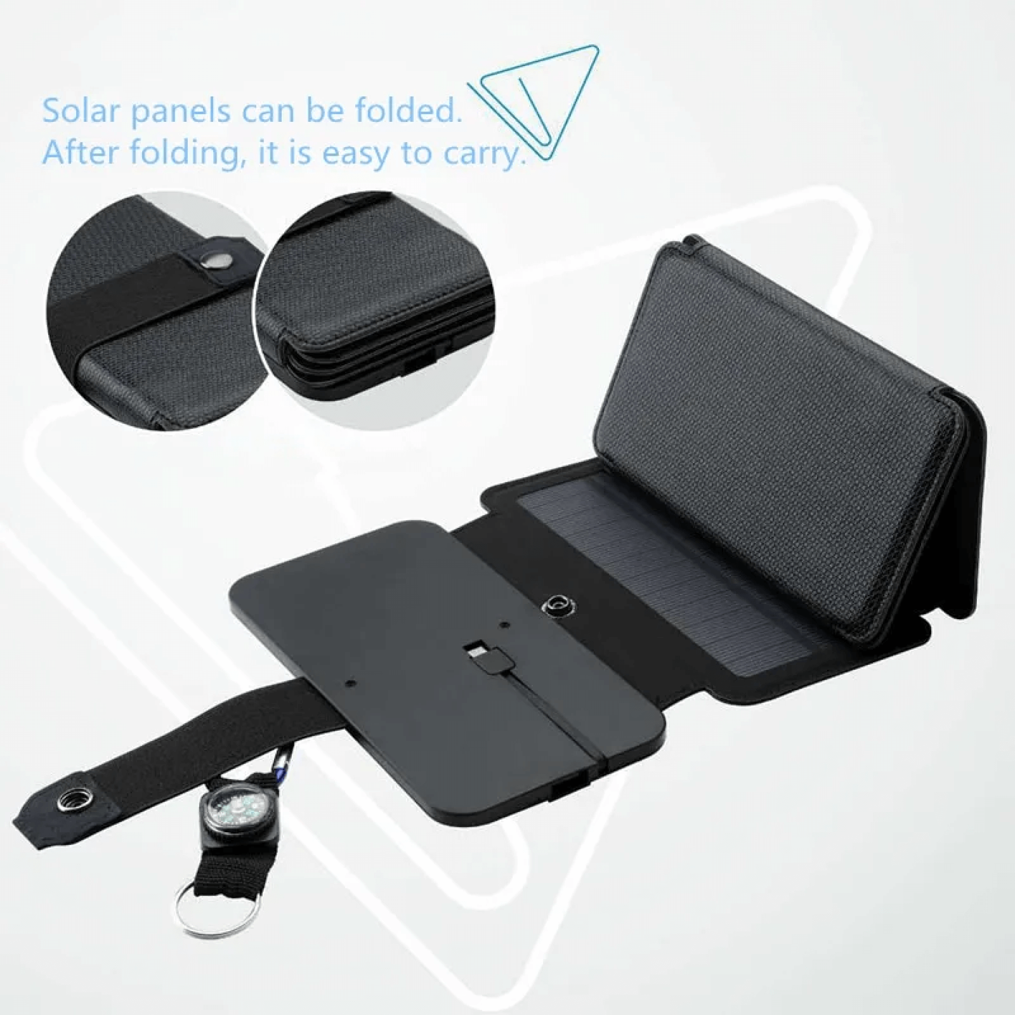 Sammenfoldelig solcelleoplader til telefoner og små enheder, USB-udgang