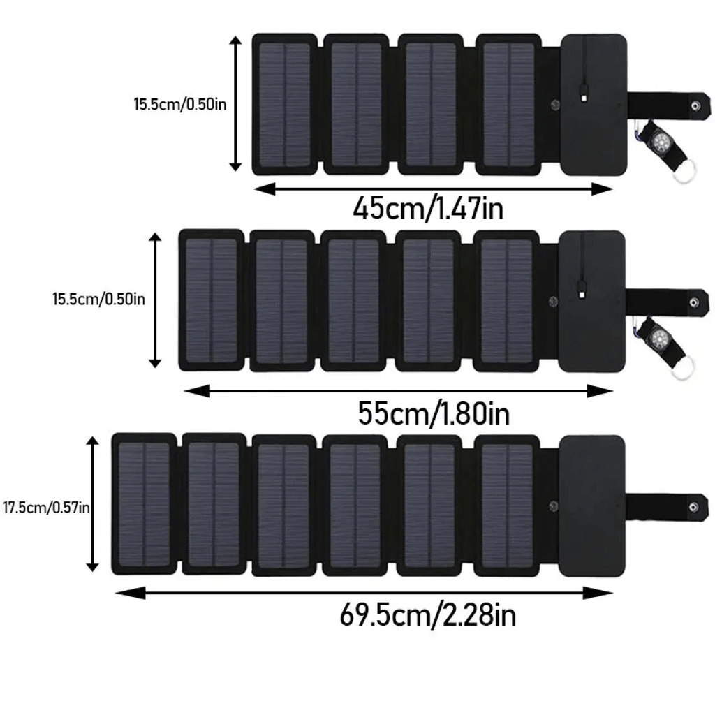 Sammenfoldelig solcelleoplader til telefoner og små enheder, USB-udgang
