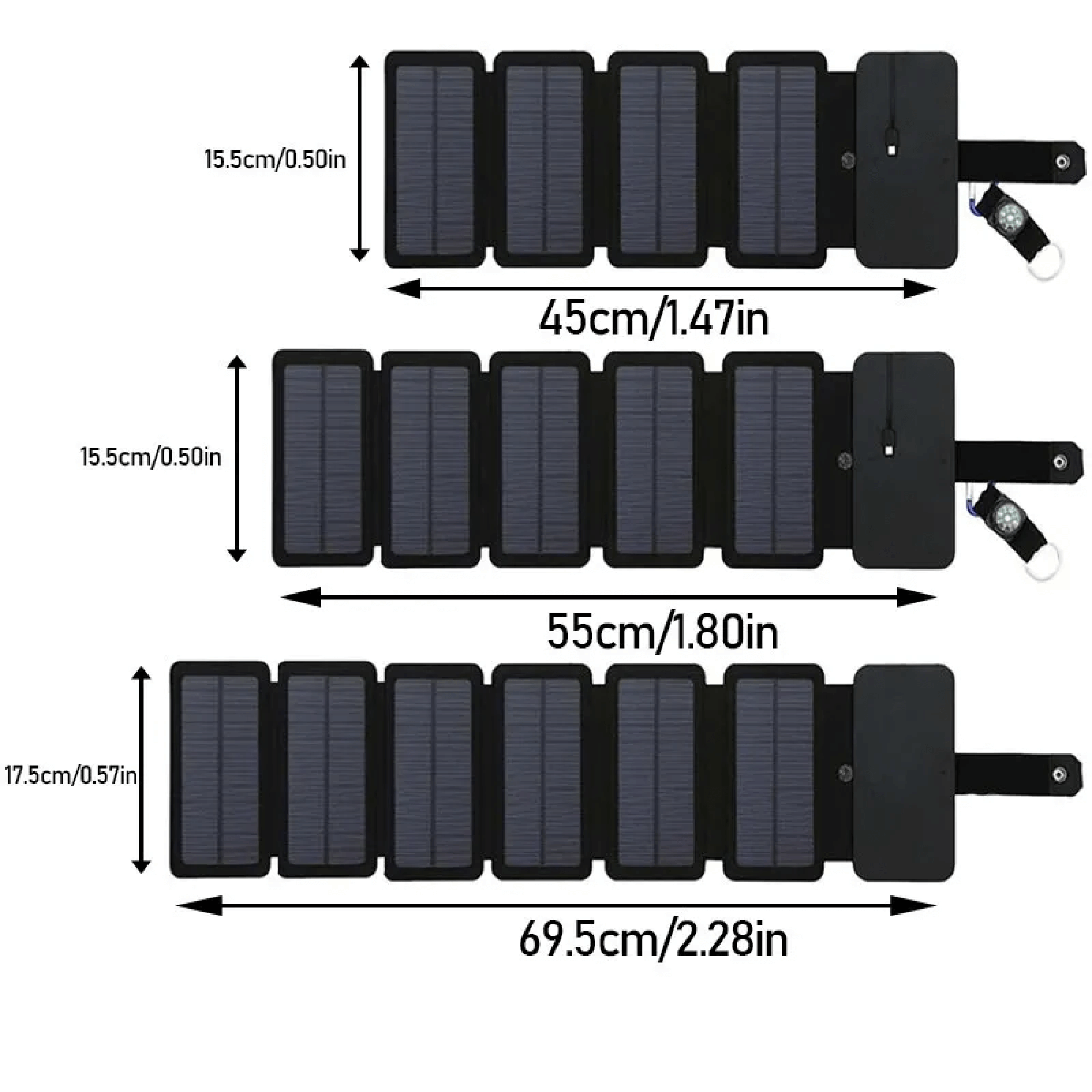 Sammenfoldelig solcelleoplader til telefoner og små enheder, USB-udgang