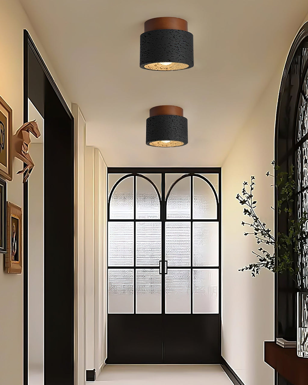 Ritta firkantet & rund loftslampe sort & gul travertin | Fioriscas