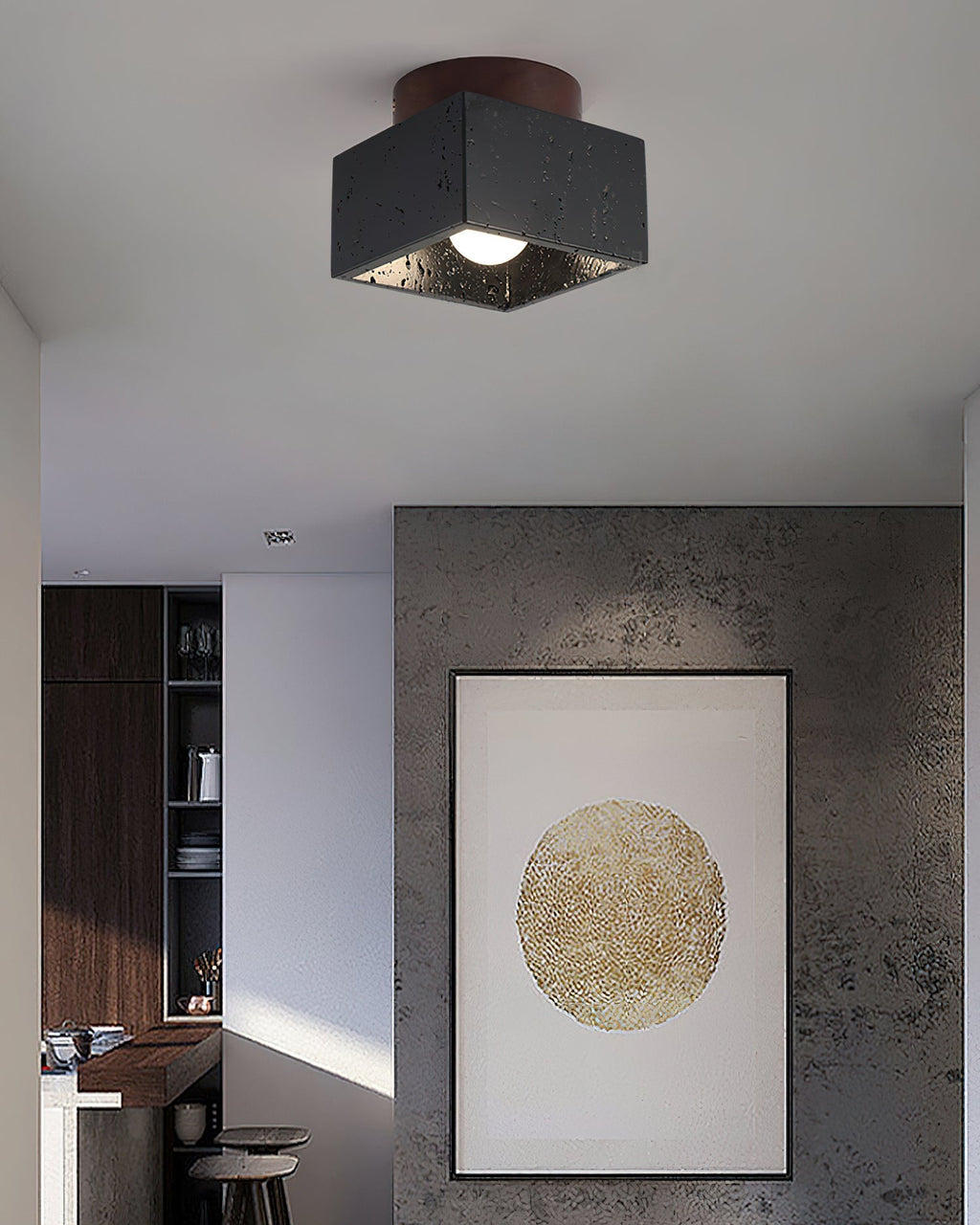 Ritta firkantet & rund loftslampe sort & gul travertin | Fioriscas