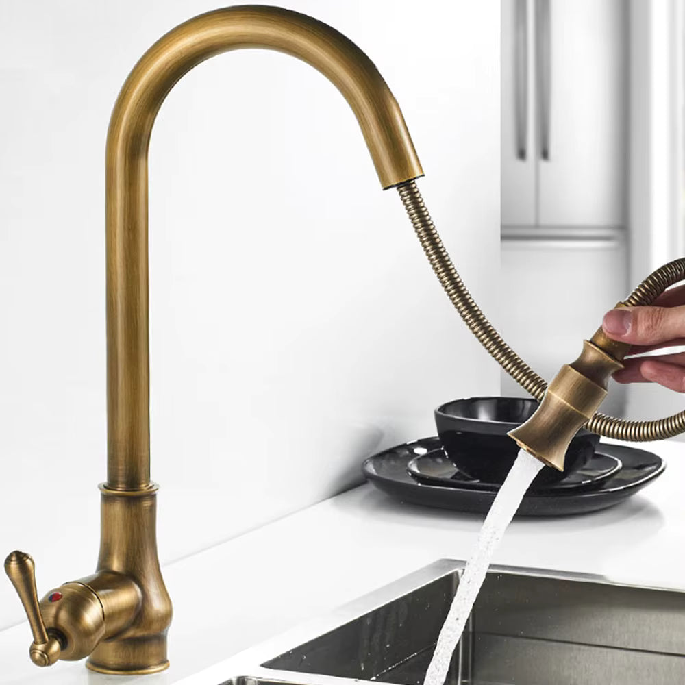 Antique Brass Kitchen Faucet With Black Accents, Swivel Spout, Norelle