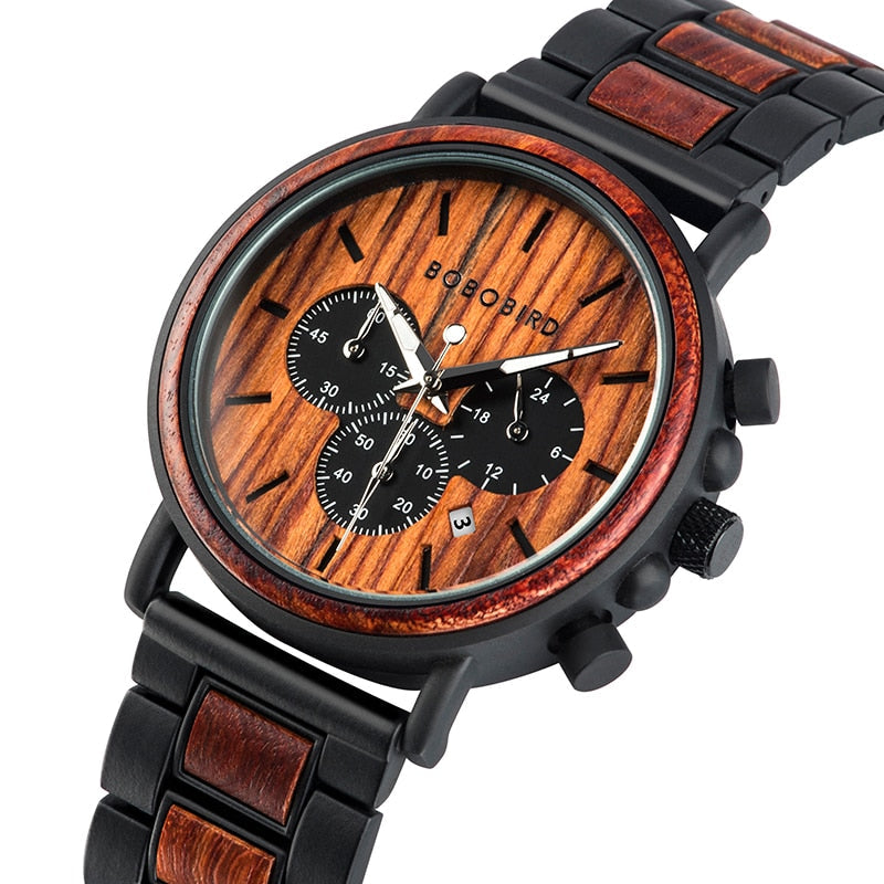 Orologio da uomo in legno TimberLuxe con incisione, resistente all’acqua fino a 3 ATM