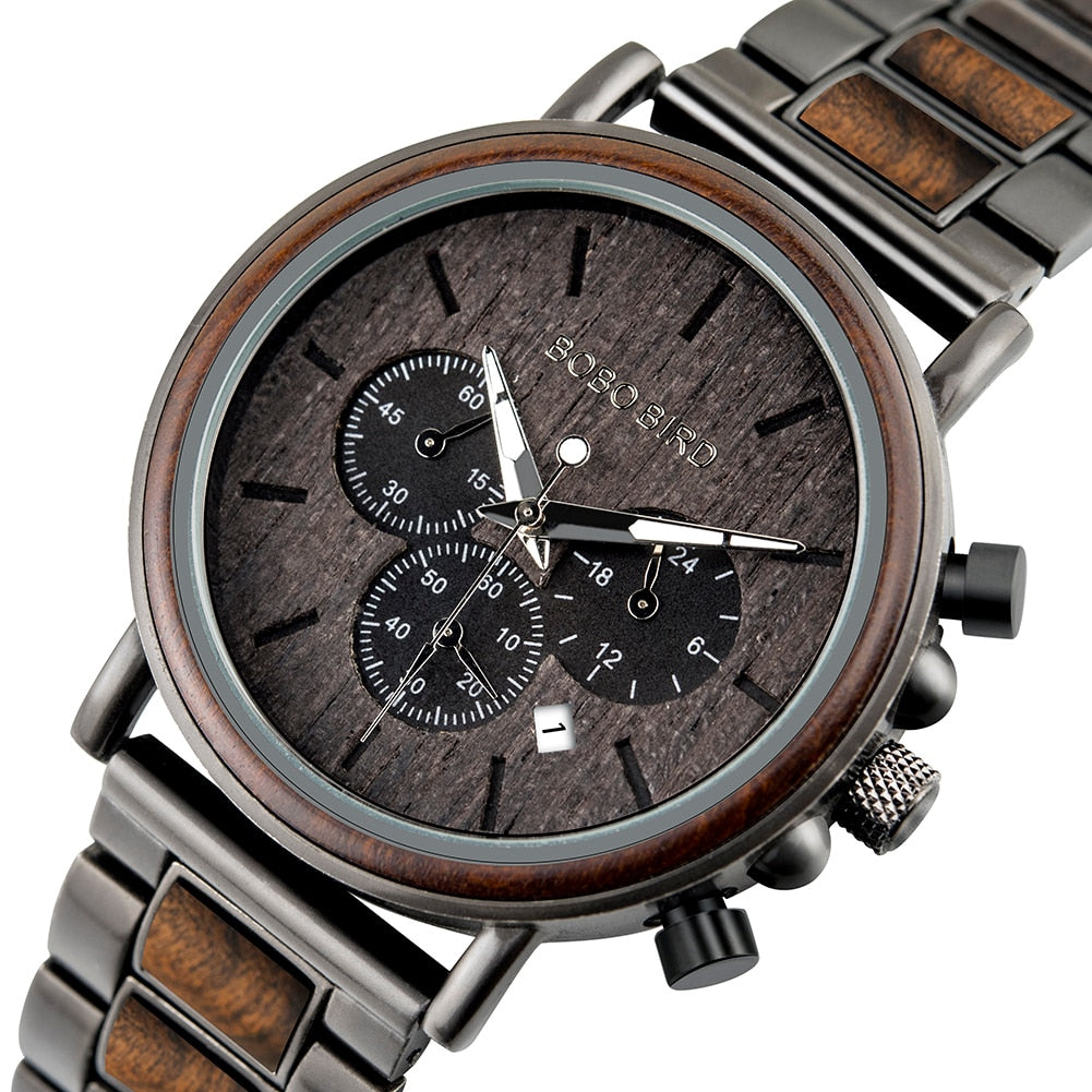 Orologio da uomo in legno TimberLuxe con incisione, resistente all’acqua fino a 3 ATM