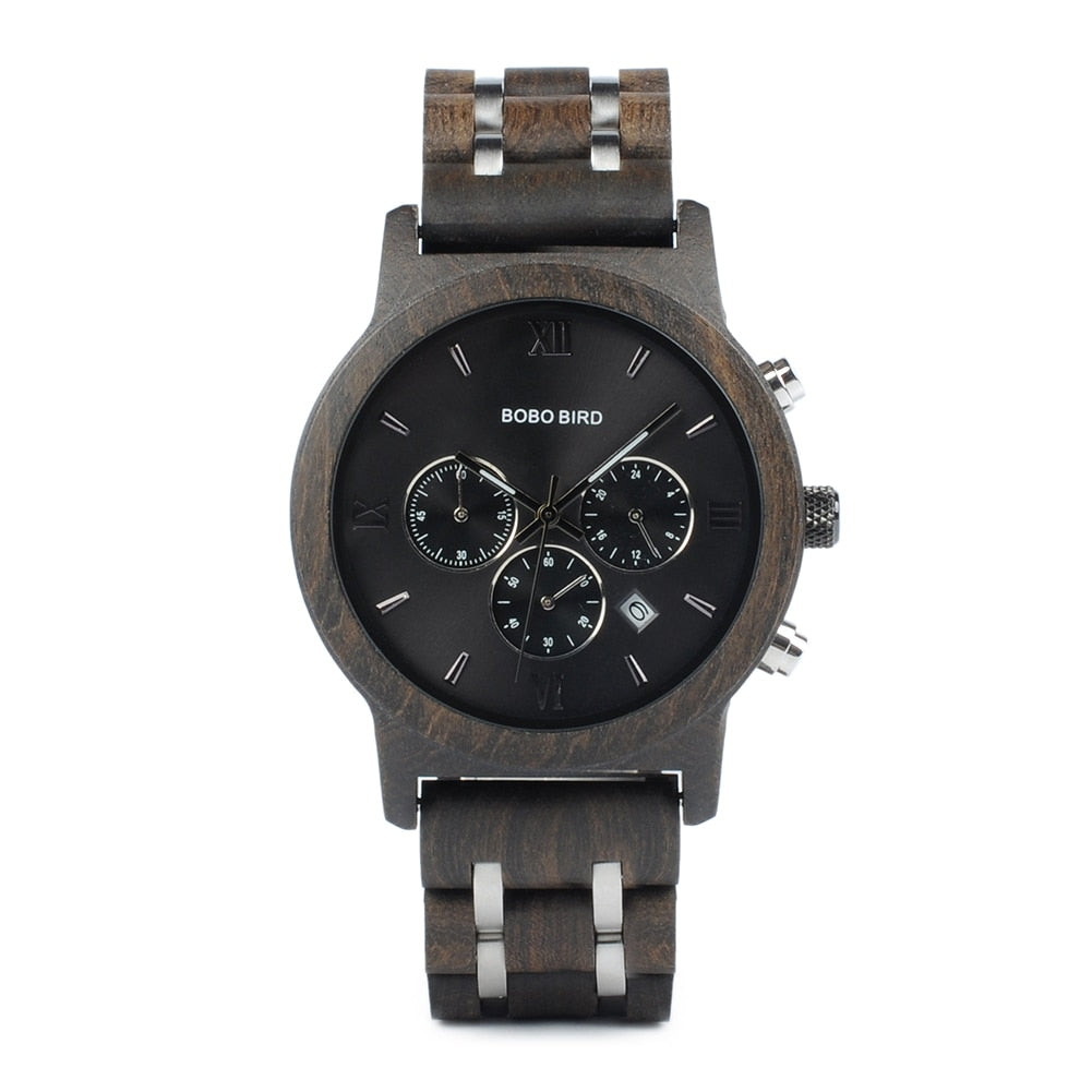 Orologio da uomo in legno TimberLuxe con incisione, resistente all’acqua fino a 3 ATM