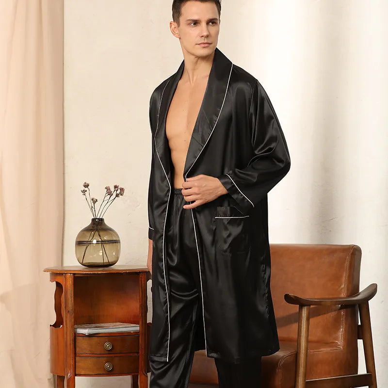Peignoir homme en satin avec taille élastique et col à revers