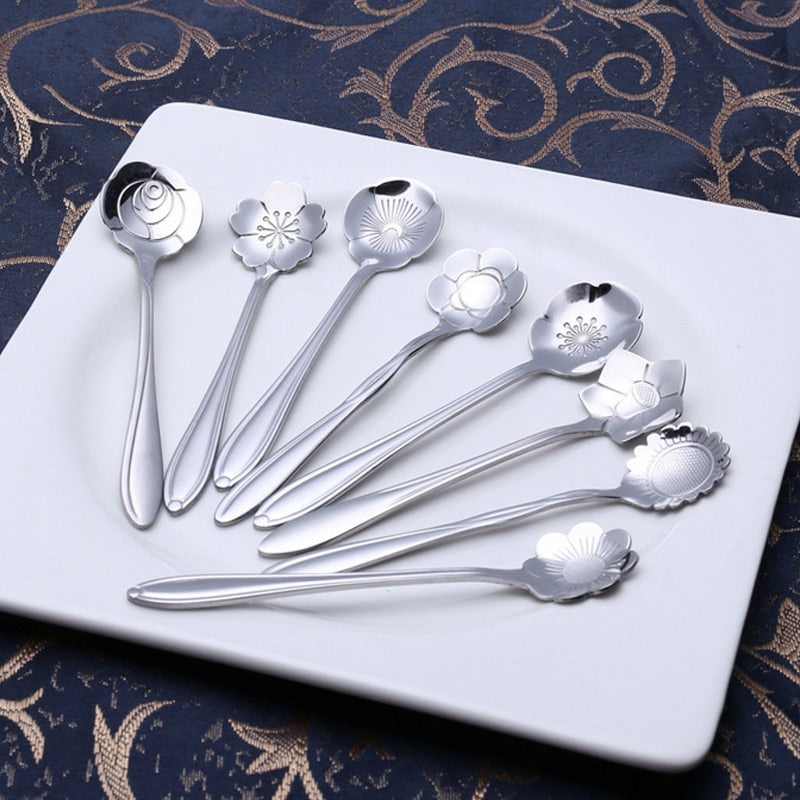 Florin Flower-Motif Teaspoon Set, 8-Piece, Stainless Steel