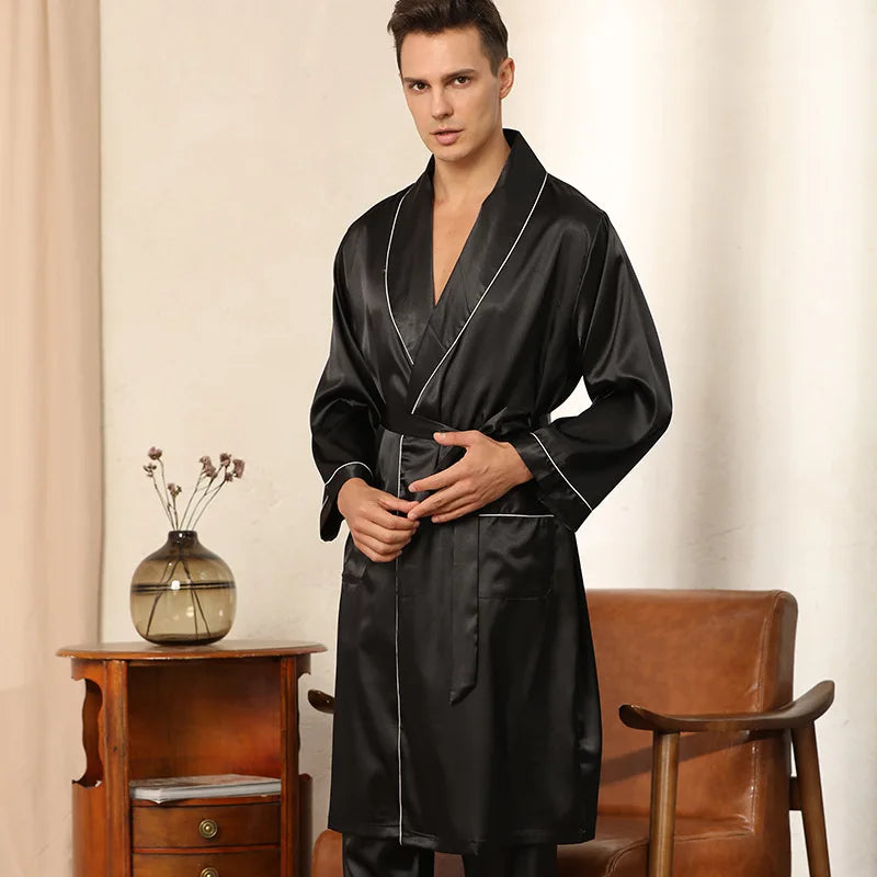 Peignoir homme en satin avec taille élastique et col à revers