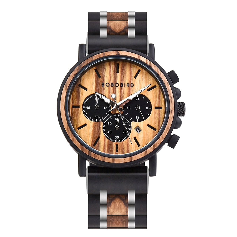 Orologio da uomo in legno TimberLuxe con incisione, resistente all’acqua fino a 3 ATM