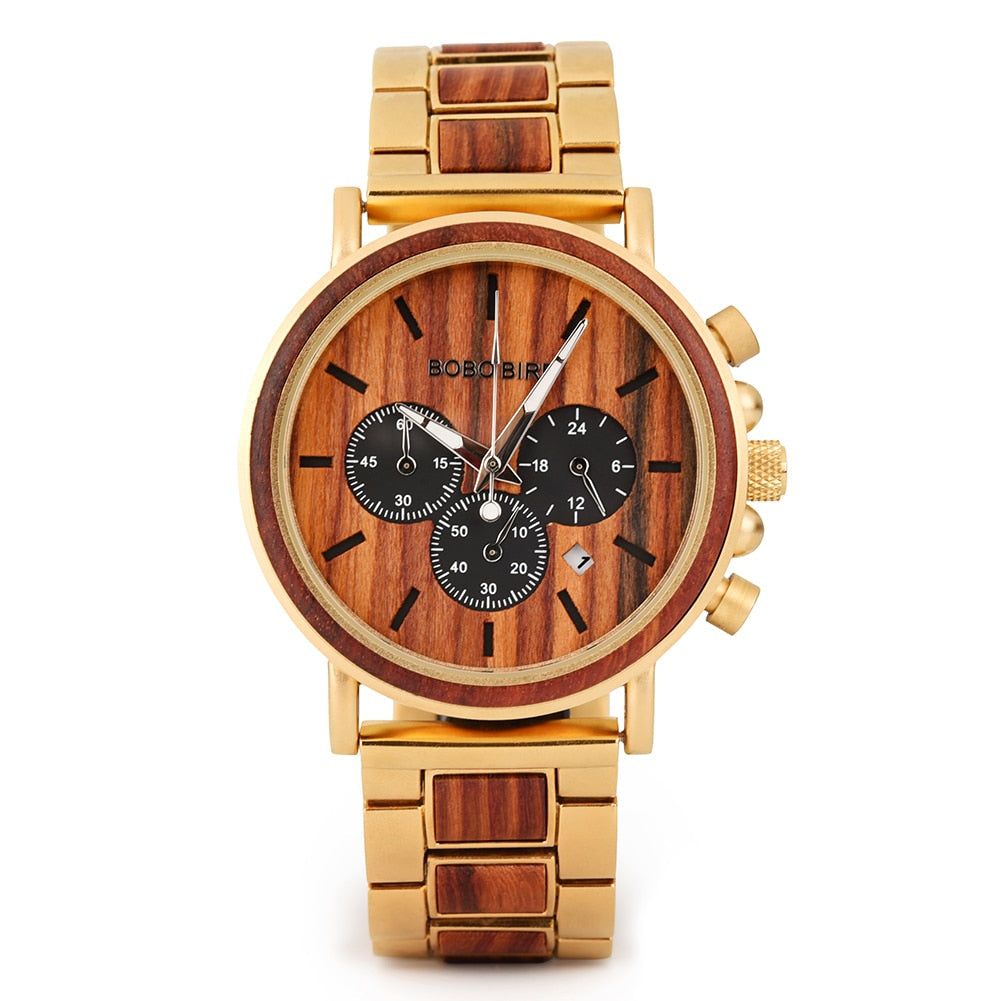 Orologio da uomo in legno TimberLuxe con incisione, resistente all’acqua fino a 3 ATM