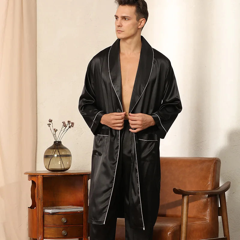 Peignoir homme en satin avec taille élastique et col à revers