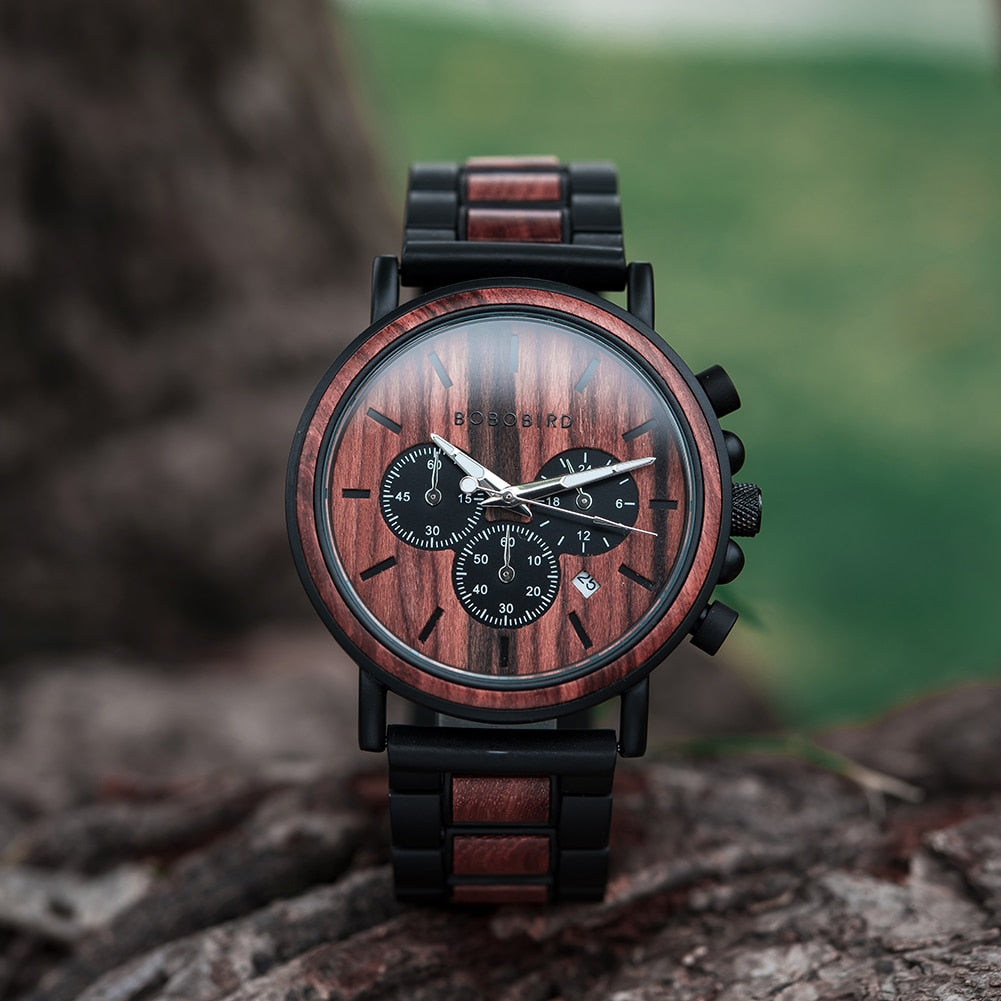 Orologio da uomo in legno TimberLuxe con incisione, resistente all’acqua fino a 3 ATM