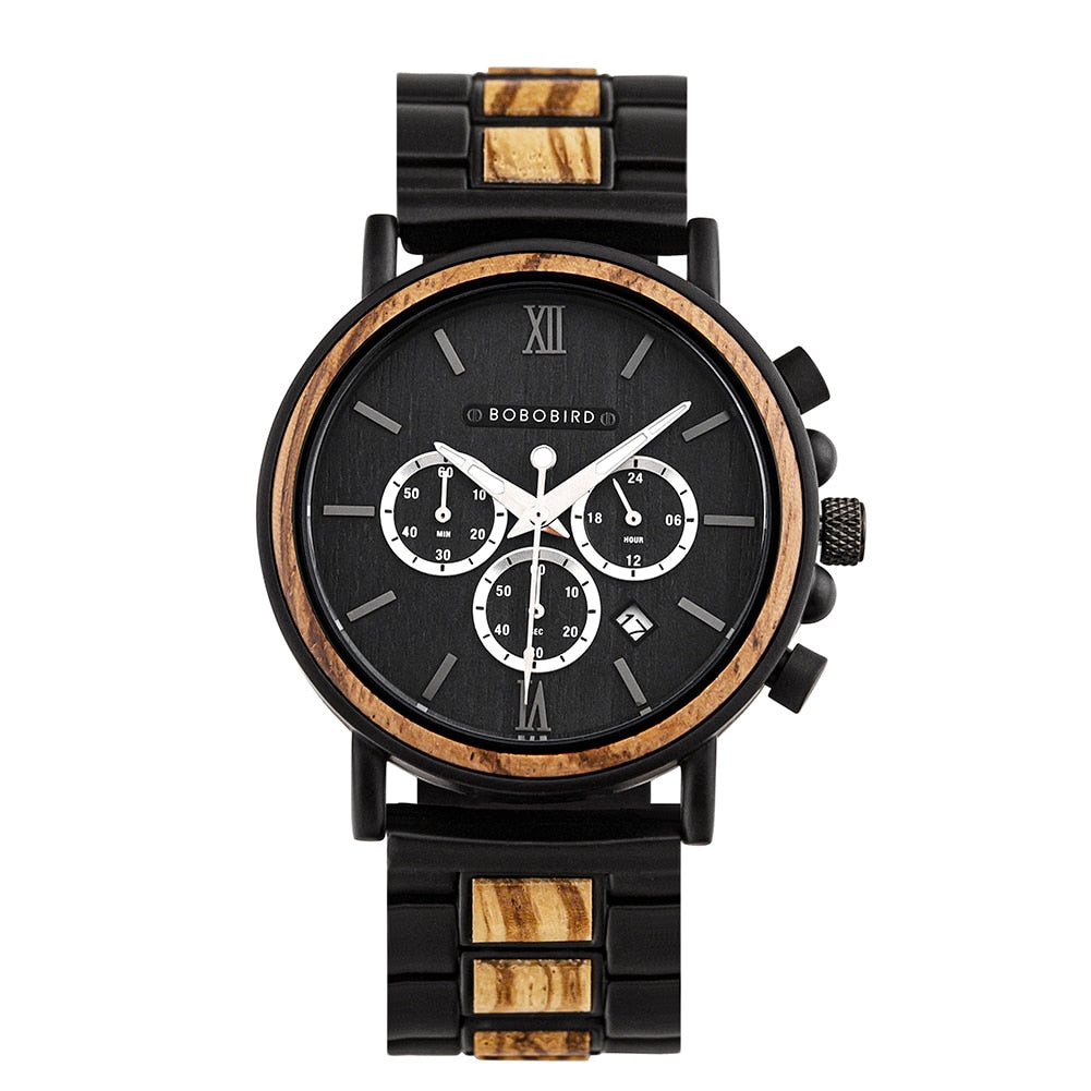 Orologio da uomo in legno TimberLuxe con incisione, resistente all’acqua fino a 3 ATM