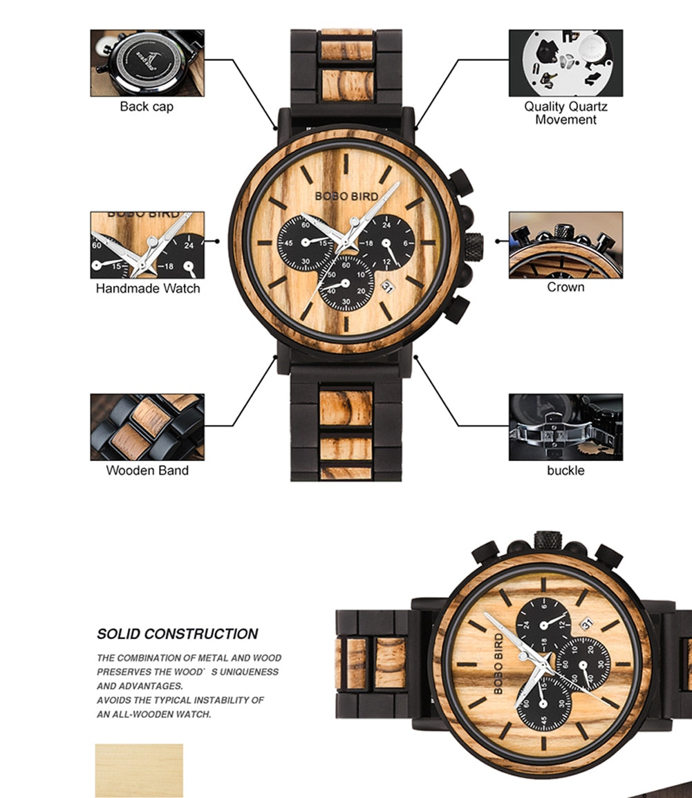 Orologio da uomo in legno TimberLuxe con incisione, resistente all’acqua fino a 3 ATM