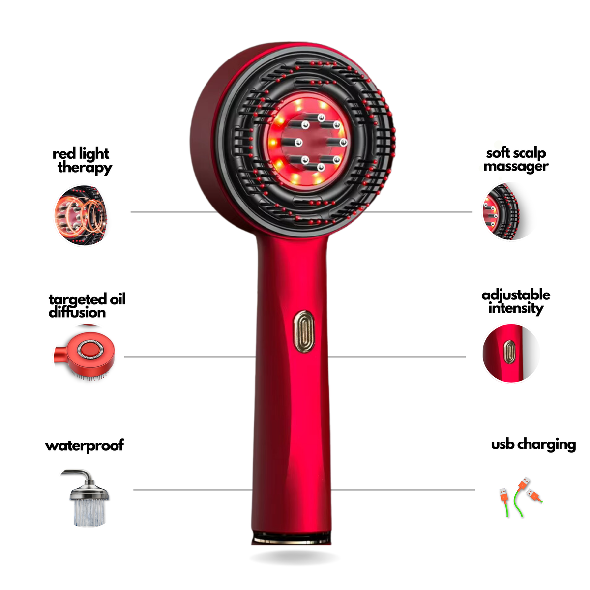 Hovedbundsmassager med rødt lys og opvarmet oliediffusion samt 72 børstehår | Fioriscas