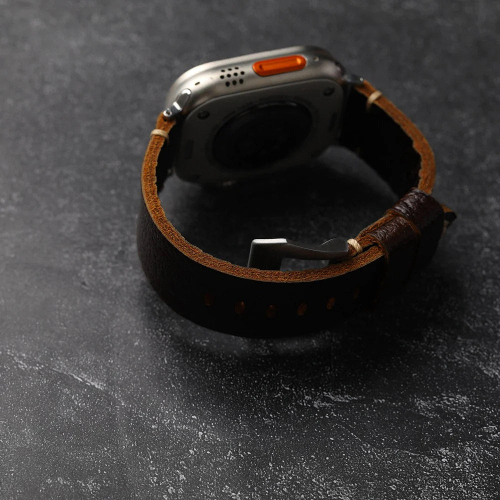 Vintage skórzany pasek do Apple Watch Ultra, ręcznie wykonany z bydlęcej skóry