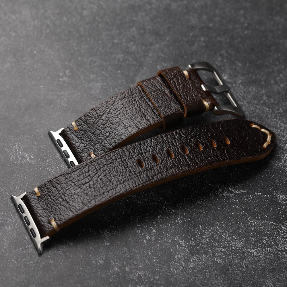 Vintage skórzany pasek do Apple Watch Ultra, ręcznie wykonany z bydlęcej skóry