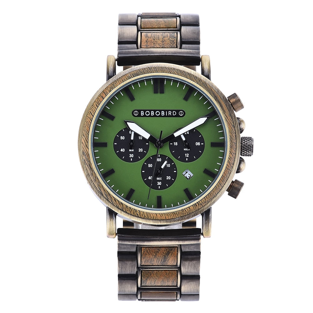 Orologio da uomo in legno TimberLuxe con incisione, resistente all’acqua fino a 3 ATM