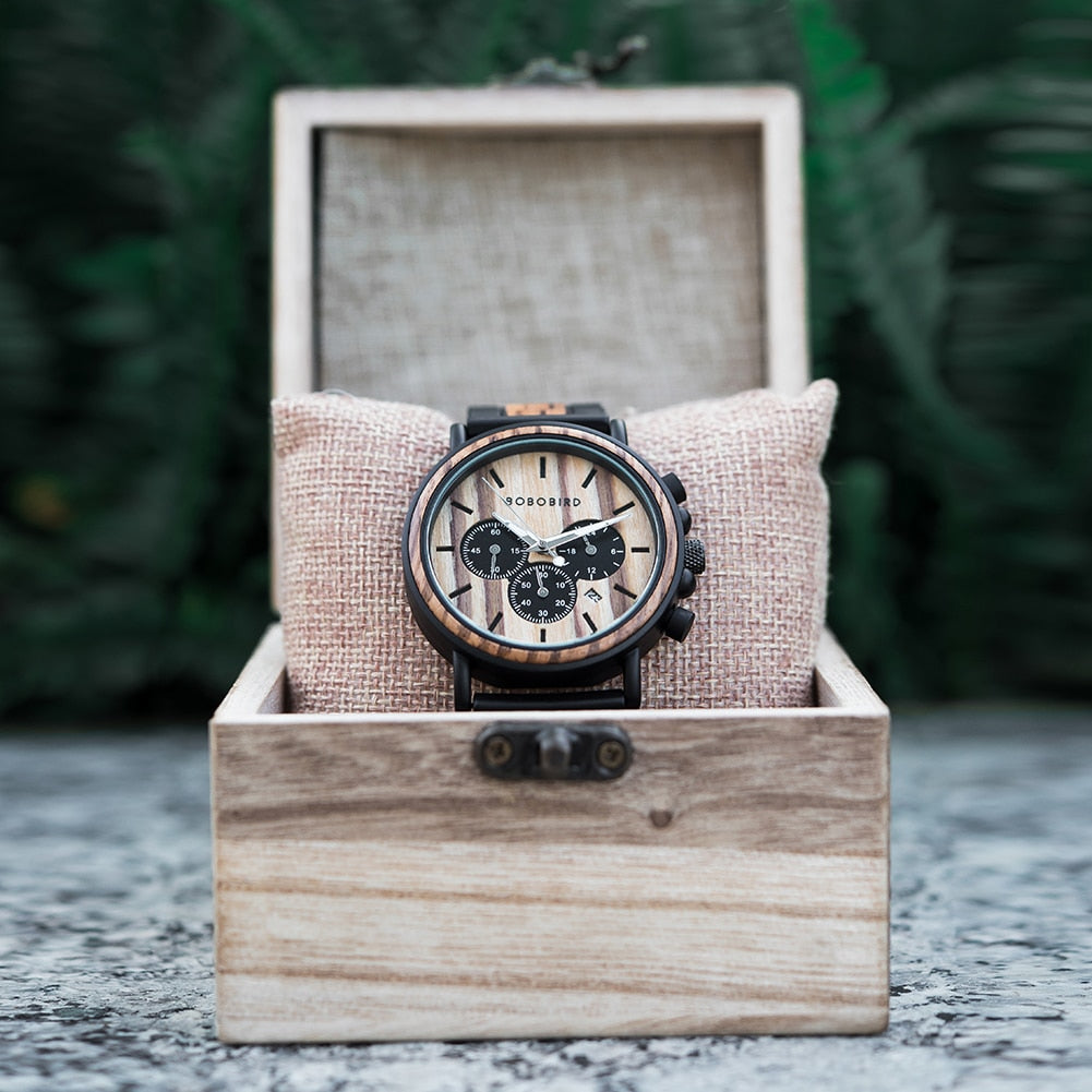 Orologio da uomo in legno TimberLuxe con incisione, resistente all’acqua fino a 3 ATM