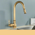 Antique Brass Kitchen Faucet With Black Accents, Swivel Spout, Norelle