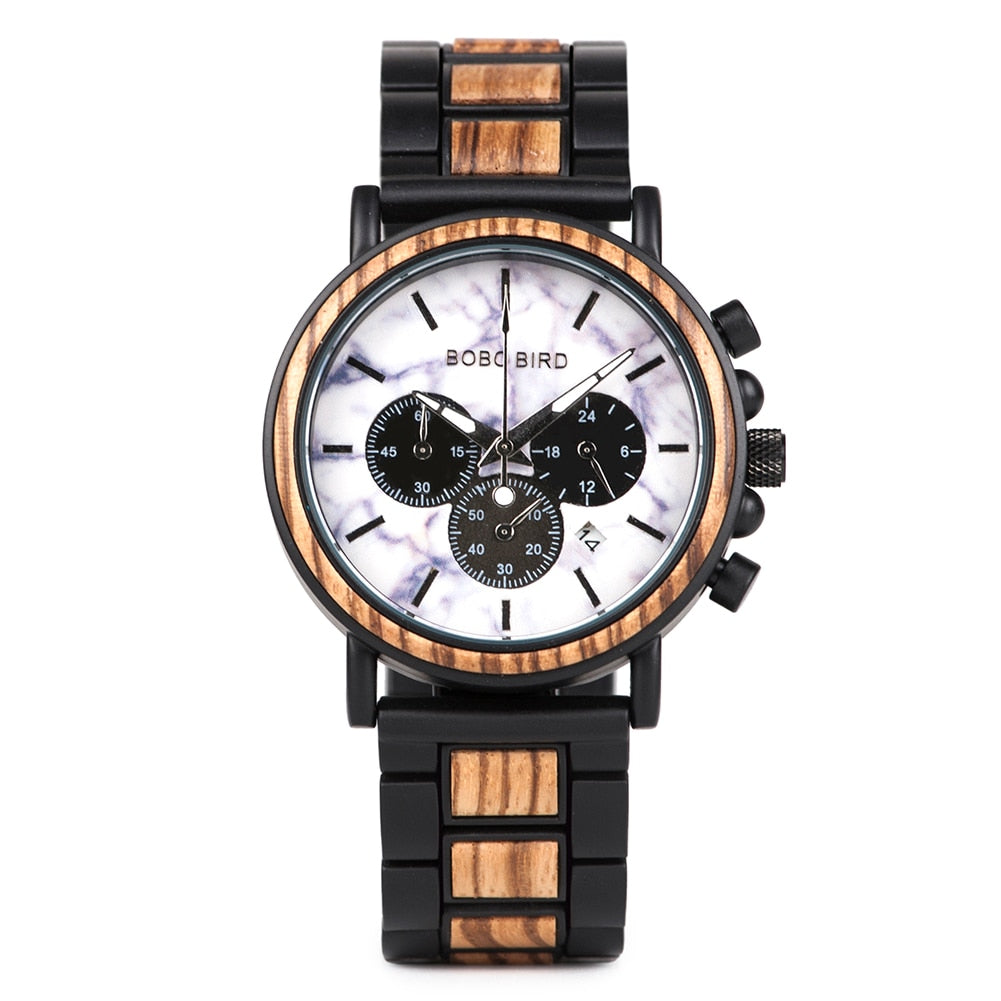 Orologio da uomo in legno TimberLuxe con incisione, resistente all’acqua fino a 3 ATM