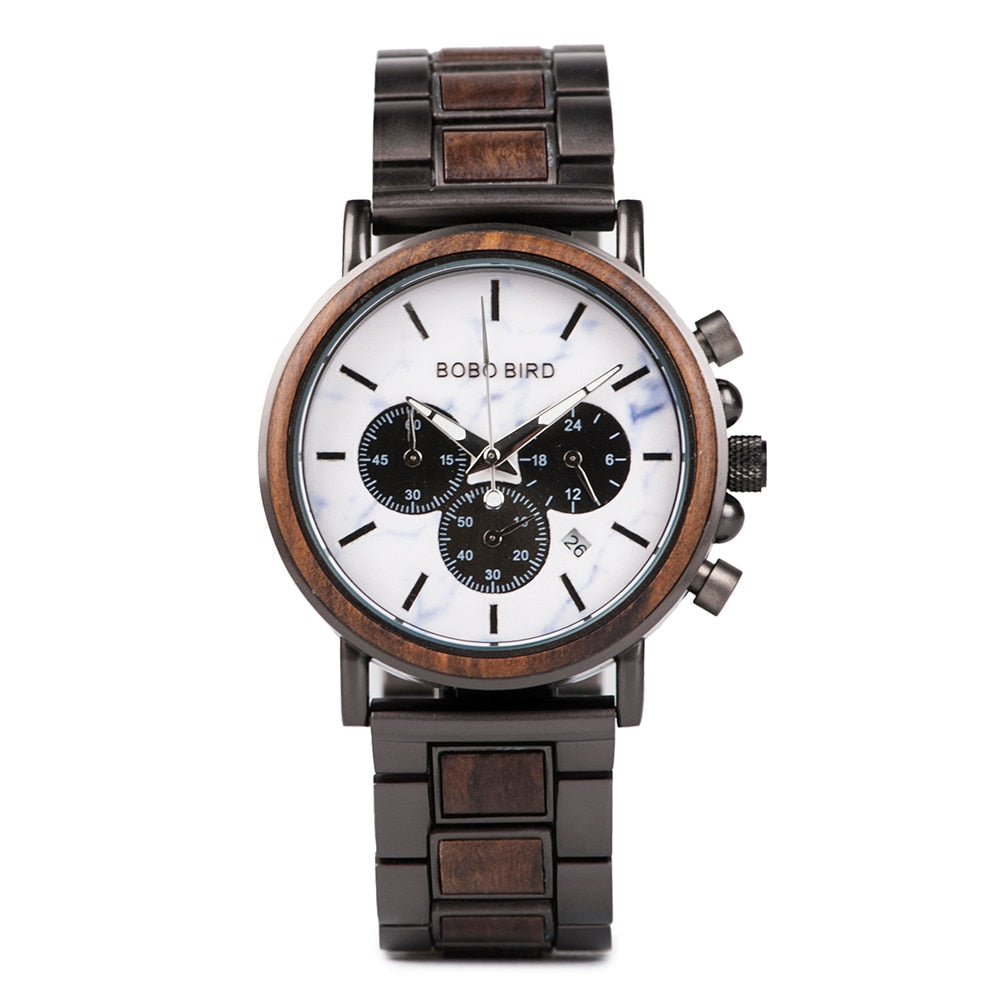Orologio da uomo in legno TimberLuxe con incisione, resistente all’acqua fino a 3 ATM