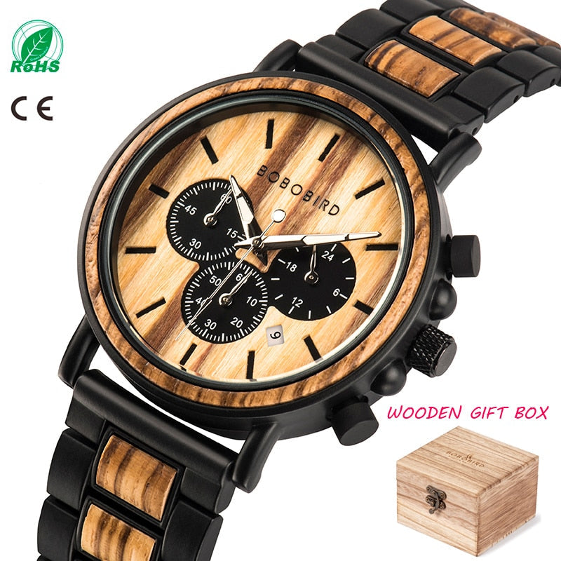 Orologio da uomo in legno TimberLuxe con incisione, resistente all’acqua fino a 3 ATM