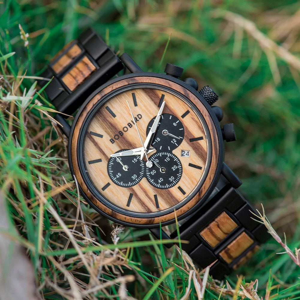 Orologio da uomo in legno TimberLuxe con incisione, resistente all’acqua fino a 3 ATM