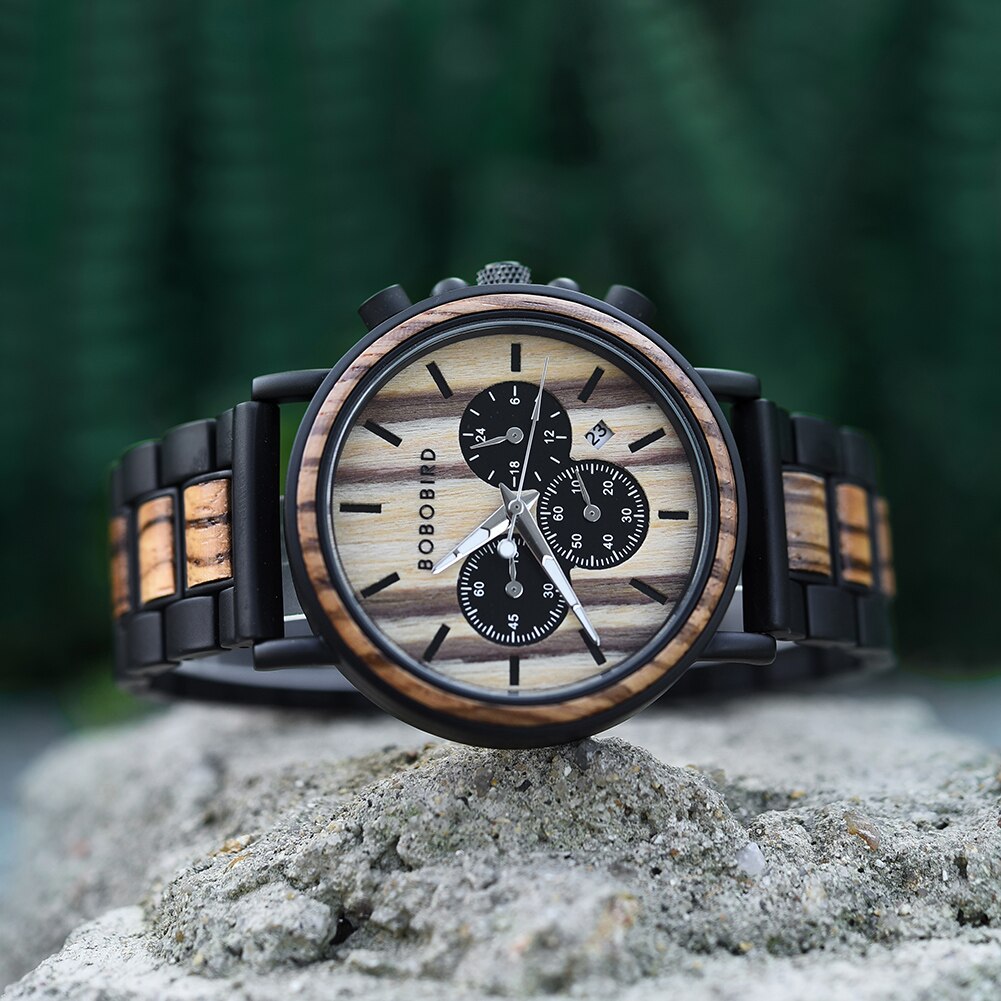 Orologio da uomo in legno TimberLuxe con incisione, resistente all’acqua fino a 3 ATM