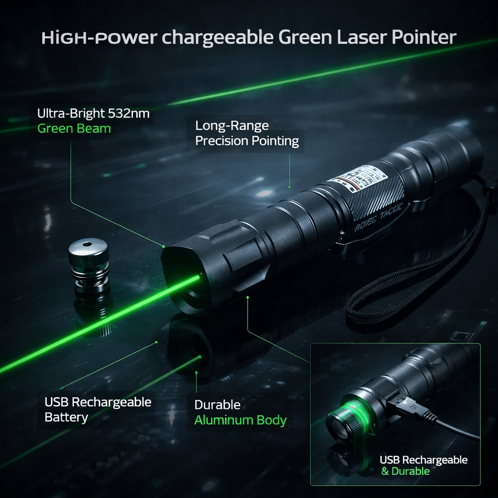 Laserpointer med høj effekt, USB-genopladelig, grøn stråle på 2.000 meter