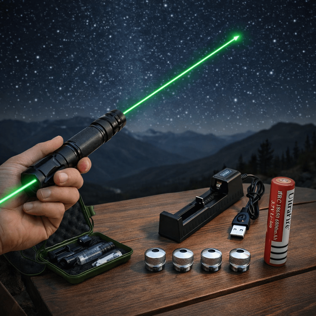 Laserpointer med høj effekt, USB-genopladelig, grøn stråle på 2.000 meter
