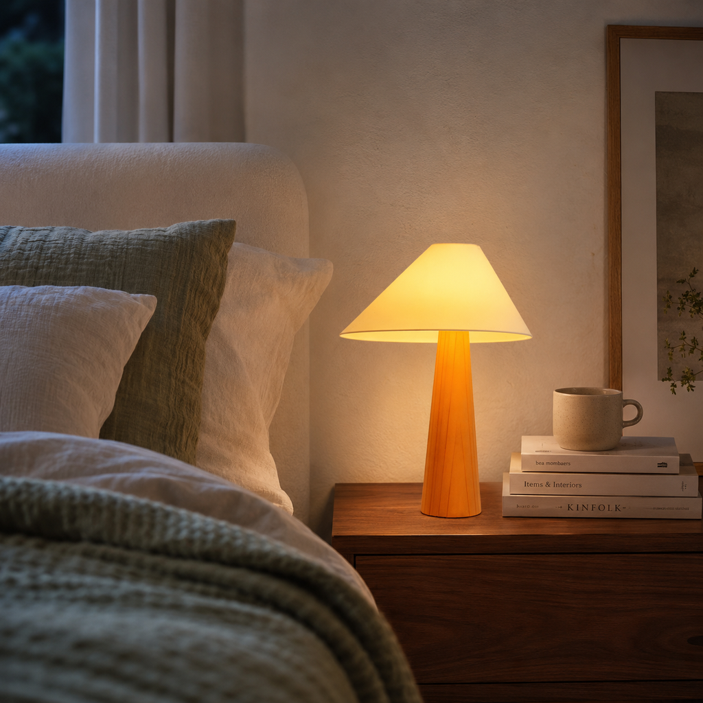 Azuma Wood Table Lamp With Soft Fabric Shade For Cozy Glow