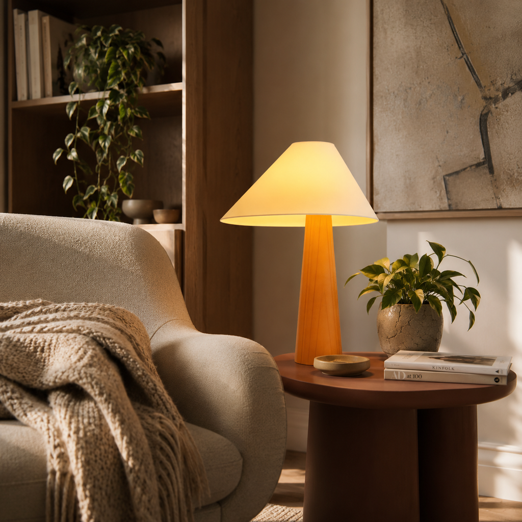 Azuma Wood Table Lamp With Soft Fabric Shade For Cozy Glow