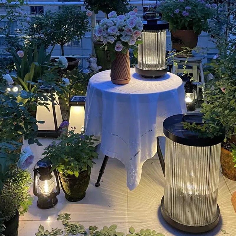 Marinell Ribbed-Glass Outdoor Lantern, Solar Or Electric, Waterproof