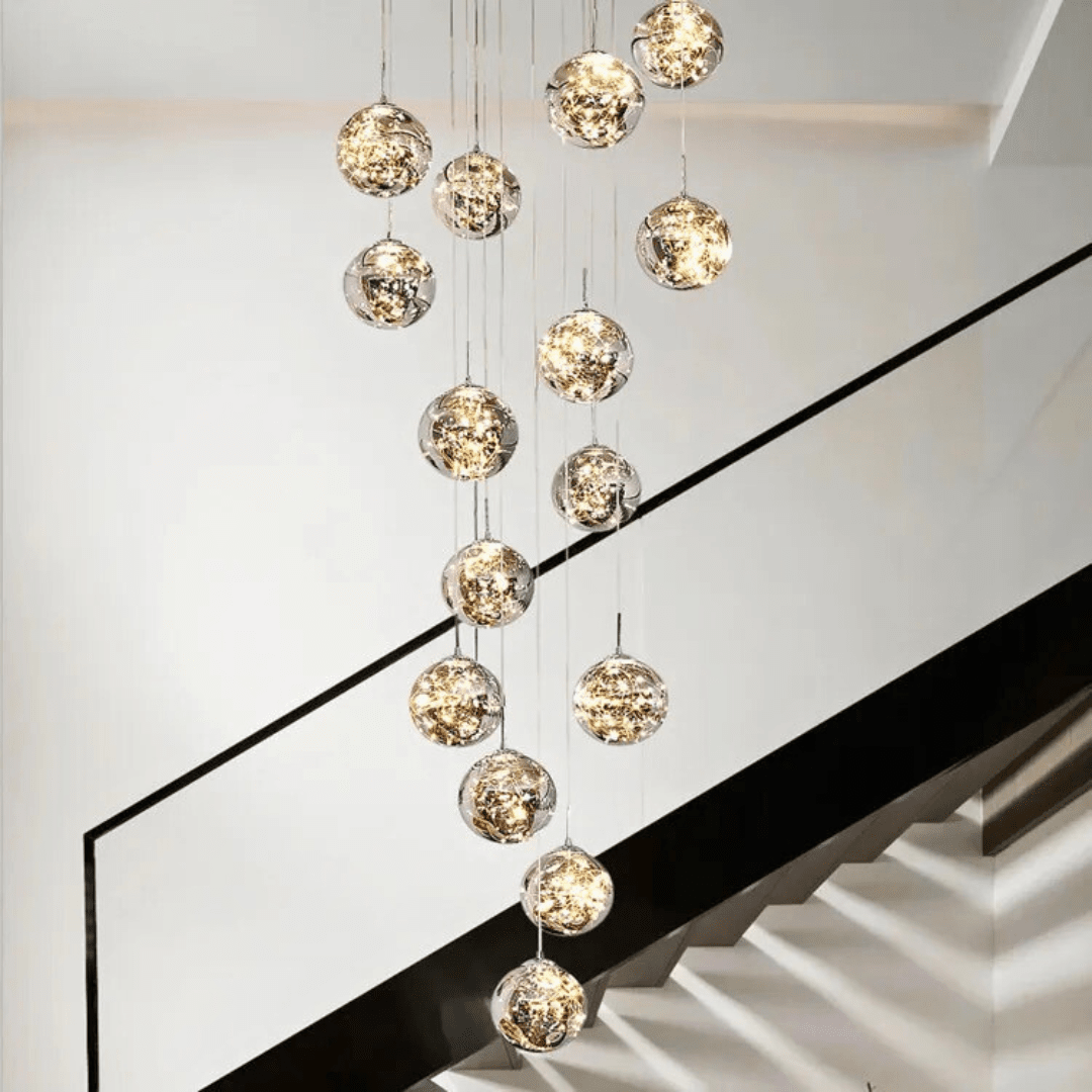 Glass Orb Staircase Chandelier, Brushed Stainless Frame, Cascading LED Design