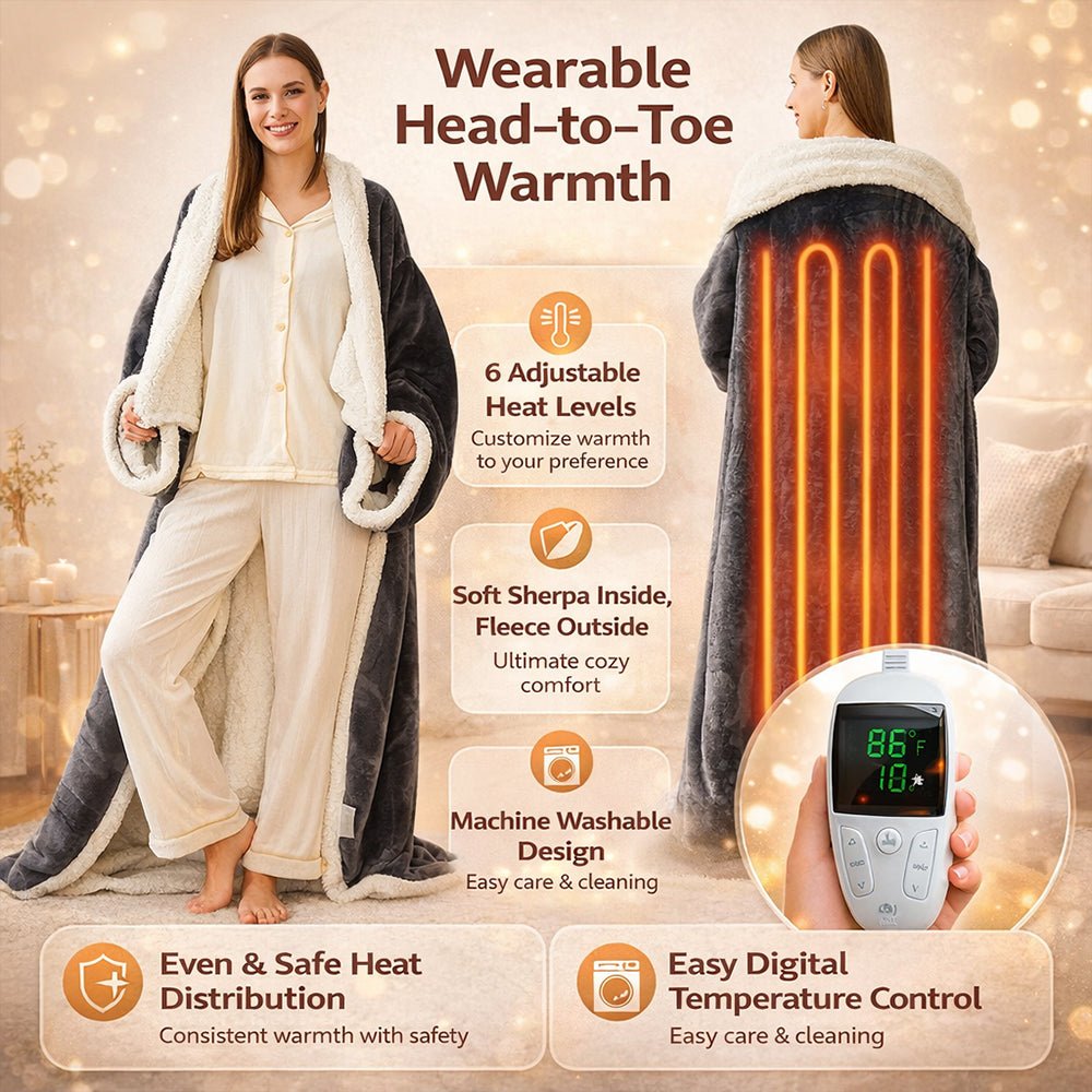 Wearable Heated Sherpa Fleece Blanket With Sleeves For Seniors