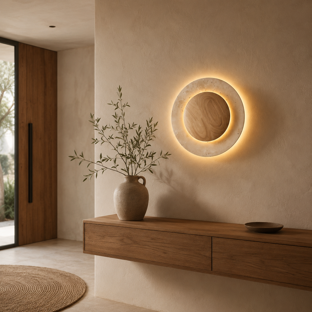 Lampada da parete circolare in travertino con nucleo in legno e luce indiretta delicata