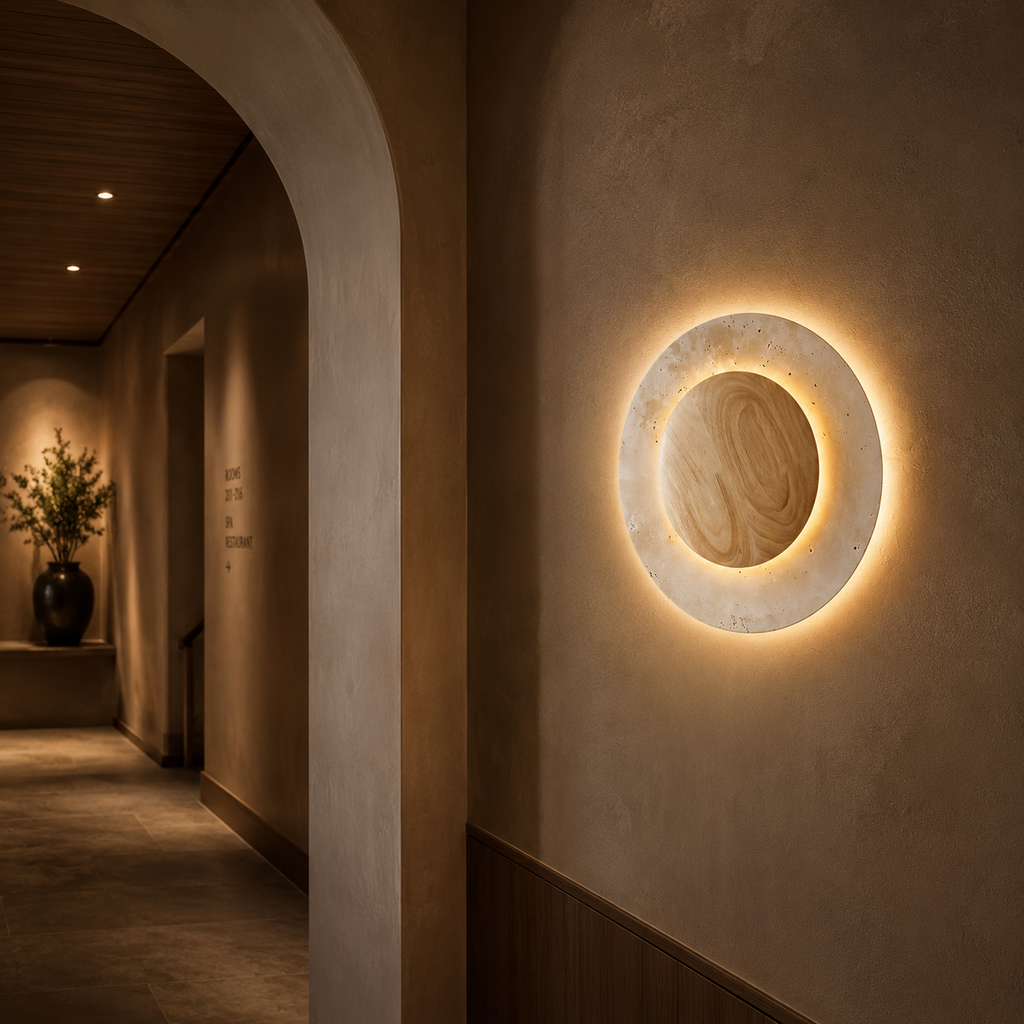 Lampada da parete circolare in travertino con nucleo in legno e luce indiretta delicata