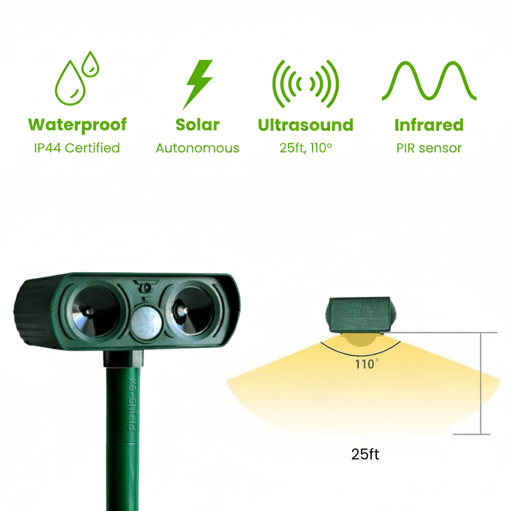 Disuasor solar de perros activado por movimiento para patios, entradas de vehículos y espacios exteriores | Fioriscas