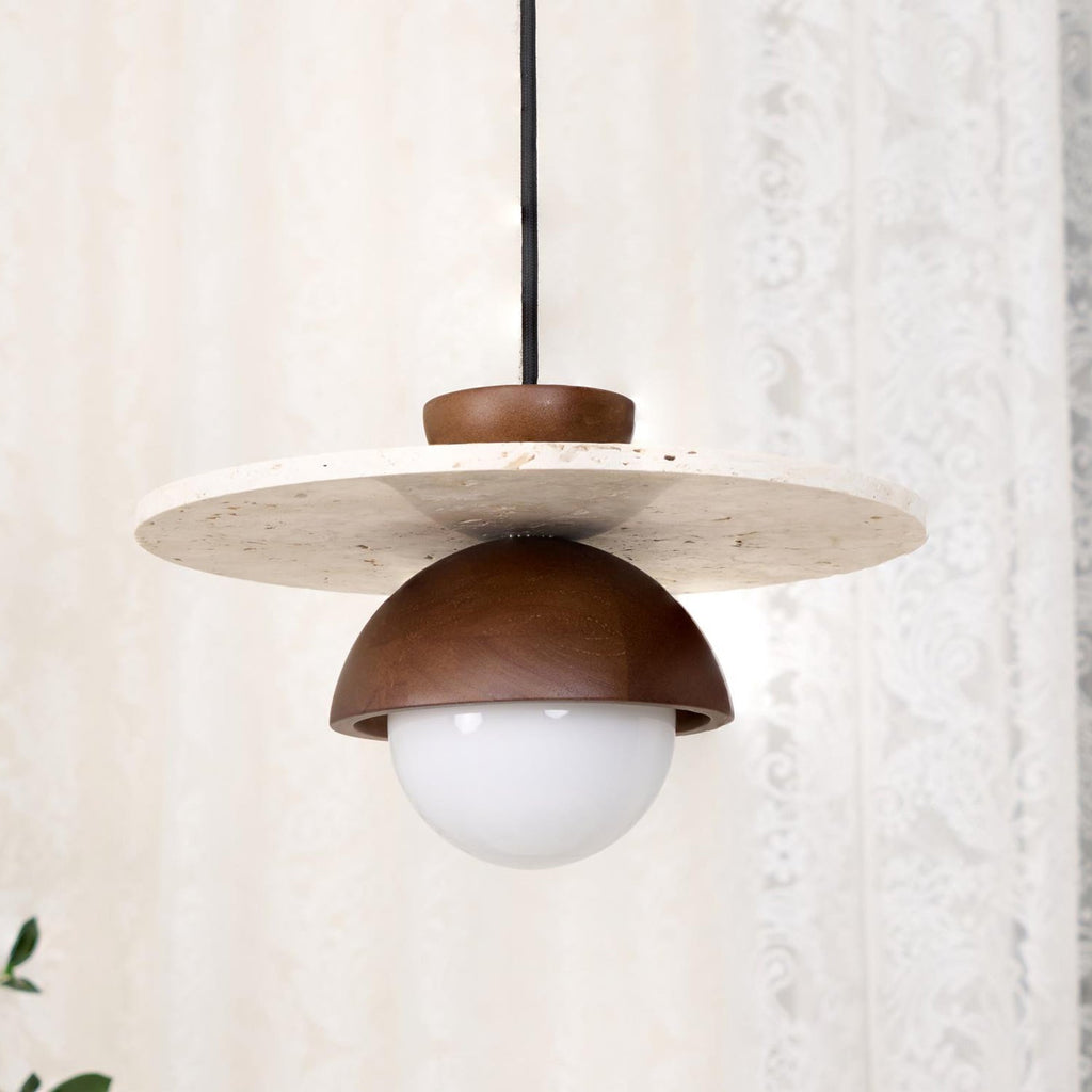 Lampada a sospensione Ritta con globo in vetro e travertino | Fioriscas