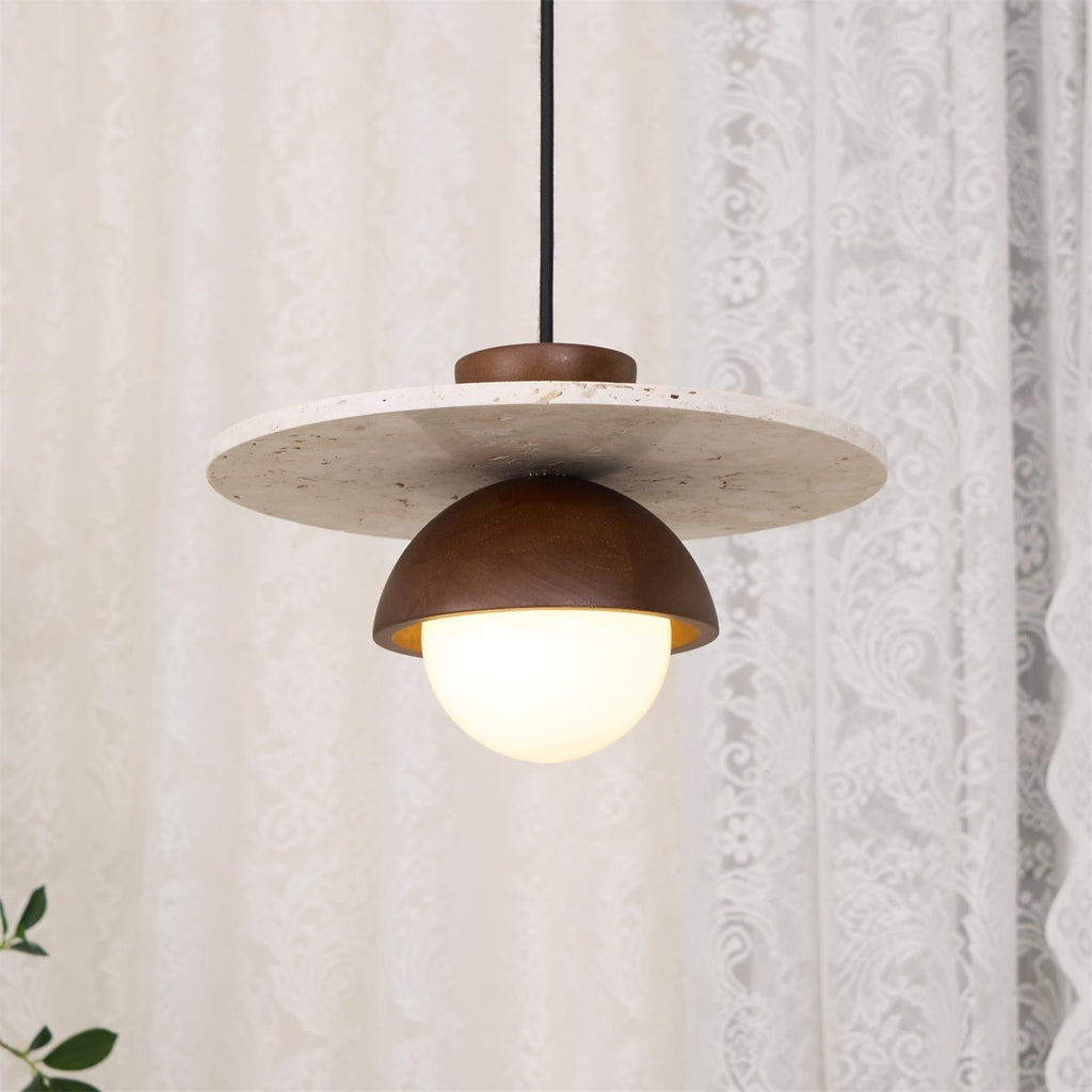 Lampada a sospensione Ritta con globo in vetro e travertino | Fioriscas