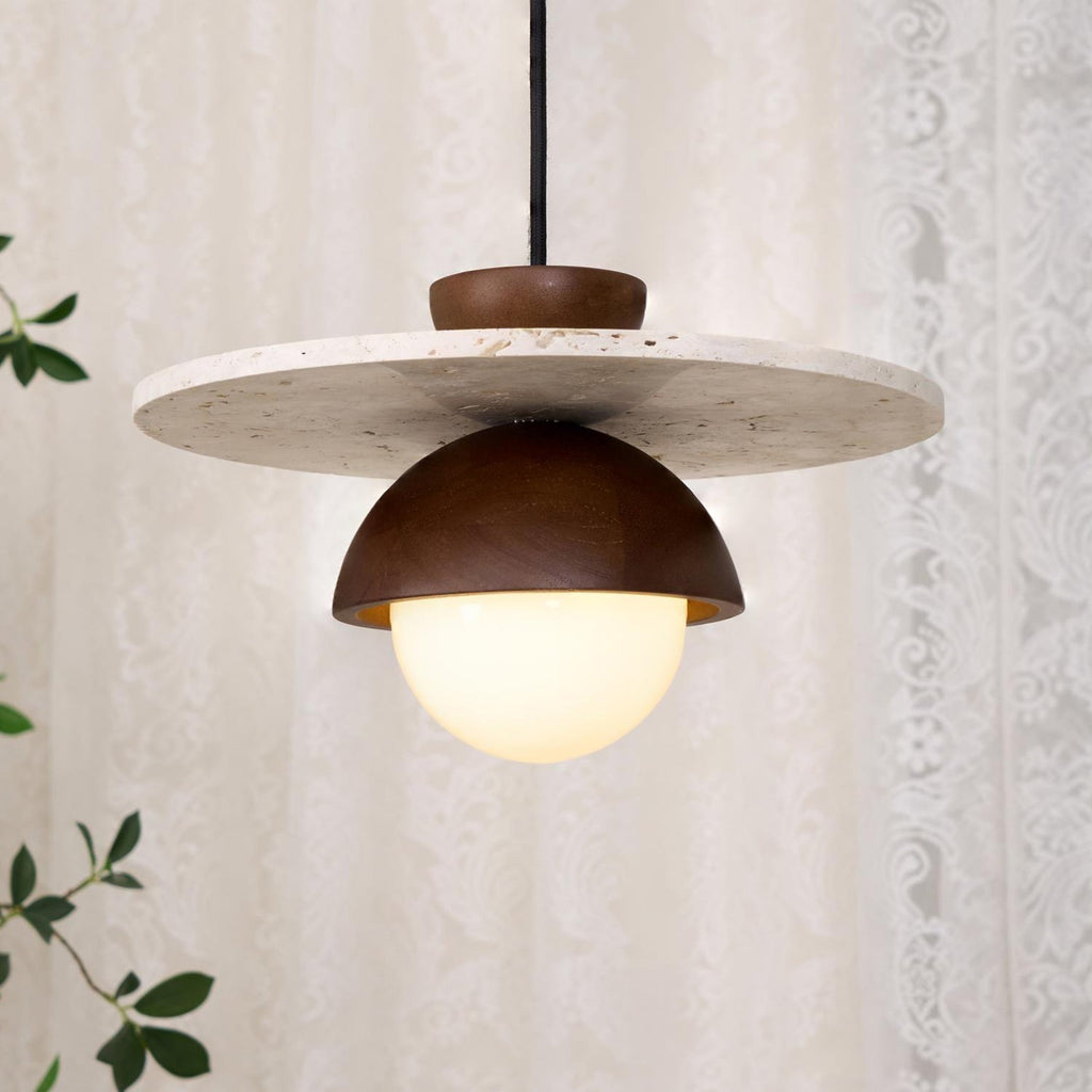 Lampada a sospensione Ritta con globo in vetro e travertino | Fioriscas