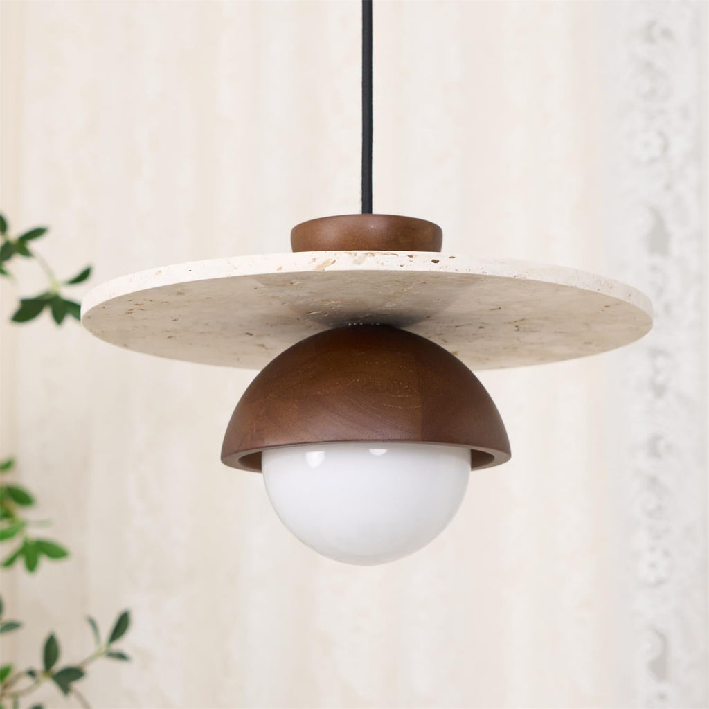 Lampada a sospensione Ritta con globo in vetro e travertino | Fioriscas